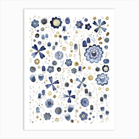 Blue and Gold Watercolor Wild Flowers Art Print