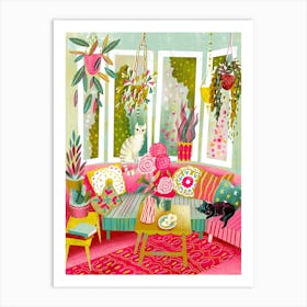 Bohemian Interior Colourful Chushions And Two Cats Art Print