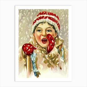 A Boy In A Snow, Vintage Holiday Poster Art Print