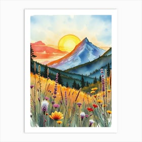 Watercolor Of Mountains And Wildflowers Art Print