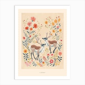 Folksy Floral Animal Drawing Caribou Poster Art Print