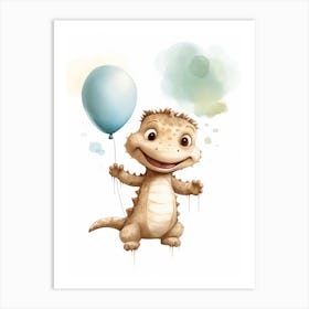 Baby Crocodile Flying With Ballons, Watercolour Nursery Art 1 Art Print