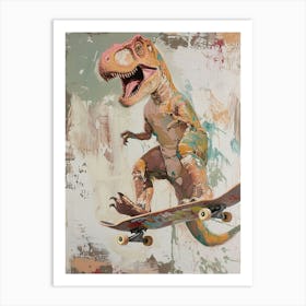 Mustard Tones Dinosaur On A Skateboard 3 Art Print