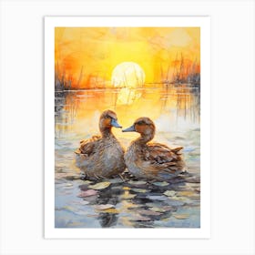 Sunset Ducks Mixed Media Collage 3 Art Print