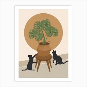 Vintage minimal art Two Cats Playing With A Potted Plant 1 Art Print