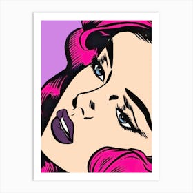 Pop Art Purple Hair Girl and Closeup Face Art Print