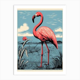 Vintage Bird Linocut Flamingo 3 Art Print