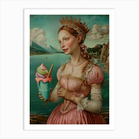 Cute Ice Cream Lady, altered antic oil pop painting Art Print