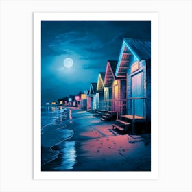 Beach Huts At Night, Anime Art Lofi Art Print