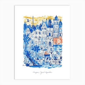 Prague Czech Republic Illustration Line Art Travel Blue Art Print