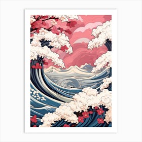 Great Wave With Cherry Blossom Flower Drawing In The Style Of Ukiyo E 1 Art Print