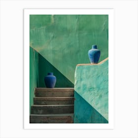 Blue Vases On A Green Wall Art Print