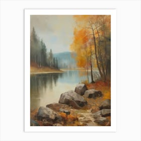 Forest Lake, Autumn Lake, Vintage Oil Painting, Farmhouse Wall Decorations, Antique Landscape, Vintage Landscape Oil Painting.6 1 Art Print