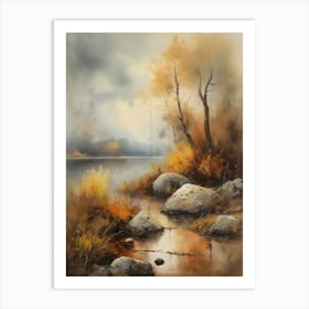 Autumn Lake,Forest Lake, Vintage Oil Painting, Farmhouse Wall Decorations, Antique Landscape, Vintage Landscape Oil Painting.4 Art Print