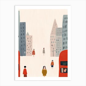 London Red Bus Scene, Tiny People And Illustration 4 Art Print