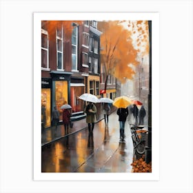 Amsterdam cafes, autumn season, rain, autumn oil colours.Faded colours,People passing on the street, winter clothes, rain umbrellas.2 1 Art Print