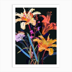 Neon Flowers On Black Bouquet 4 Art Print