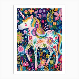 Folky Floral Colourful Unicorn Portrait Art Print