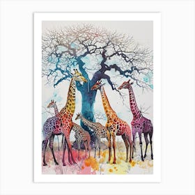 Giraffe Herd Under The Tree Watercolour 1 Art Print