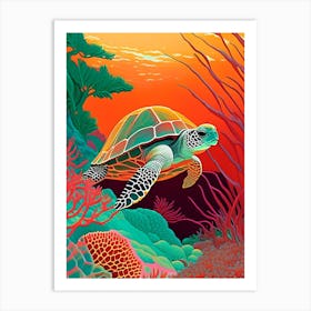 A Single Sea Turtle In Coral Reef, Sea Turtle Retro Illustration 1 Art Print