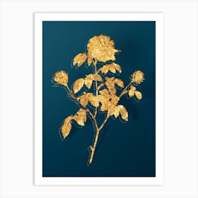 Vintage Agatha Rose in Bloom Botanical in Gold on Teal Blue n.0313 Art Print