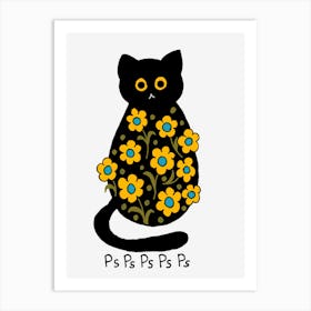 Adorable Black Cat With Attractive Yellow Flowers Psps Art Print