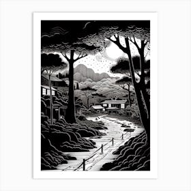 Koya San In Wakayama, Ukiyo E Black And White Line Art Drawing 3 Art Print