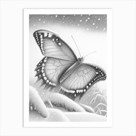 Butterfly In Snow Greyscale Sketch 2 Art Print