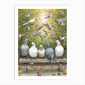 Pigeons On A Bench 1 Art Print