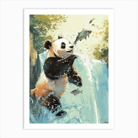 Giant Panda Catching Fish In A Waterfall Storybook Illustration 3 Art Print