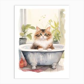 Norwegian Forest Cat In Bathtub Botanical Bathroom 7 Art Print