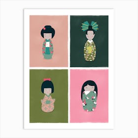 Kokeshi Dolls Pink Green Art Print
