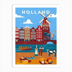 Amsterdam, Netherlands/Holland — Retro travel minimalist poster, retro travel art, retro travel wall art, vector art 1 Art Print