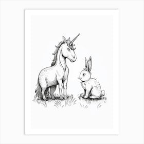 Unicorn And Bunny Friends Black And White Doodle 1 Art Print