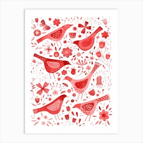 Birds In Wildflowers Red Art Print