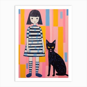 Little Girl And Black Cat Art Print