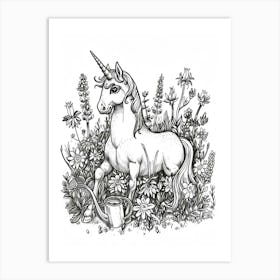 Unicorn In The Garden With A Watering Can Black & White Doodle 1 Art Print