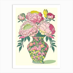 Vase Of Colourful Peonies Pink And Yellow 3 Drawing Art Print