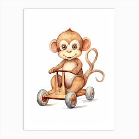 Baby Monkey On A Toy Car, Watercolour Nursery 0 Art Print