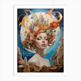 Woman With Flowers On Her Head Art Print