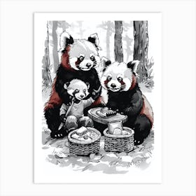 Red Panda Family Picnicking In The Woods Ink Illustration 1 Art Print