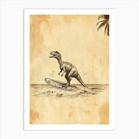 Vintage Troodon Dinosaur On A Surf Board 1 Art Print