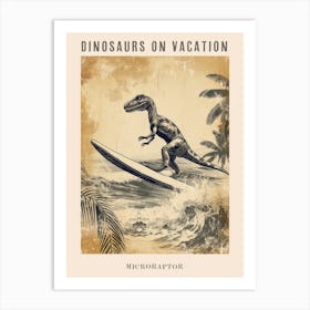 Vintage Microraptor Dinosaur On A Surf Board 1 Poster Art Print