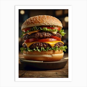 Large Hamburger On Wooden Table Art Print