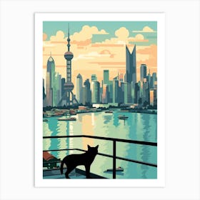 Shanghai, China Skyline With A Cat 1 Art Print