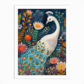 White Floral Folky Peacock 4 Art Print