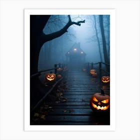 Fog Holiday Greeting Scarey Evil Dark Ominous Leaf Stripes Haunting Wood Carving Flames (15) Art Print