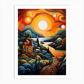 "Golden Horizon Serenade: Sunset's Embrace in the Village" Art Print