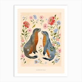 Folksy Floral Animal Drawing Elephant Seal Poster Art Print