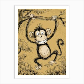 Monkey In The Jungle Drawing Art Print